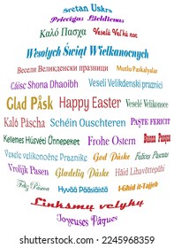 Feliz Pascua. Saludos de colores en diferentes idiomas europeos. Espalda blanca.
La forma de huevo de Pascua Saludos en todos los discursos de la Unión Europea como vector.
Todo el texto es Feliz Pascua en inglés.