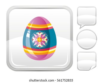 Happy Easter. Colored ornamental blue striped egg isolated on white background. Vector illustration. Button icons set. Abstract template holiday design. Flat cute cartoon sign eps