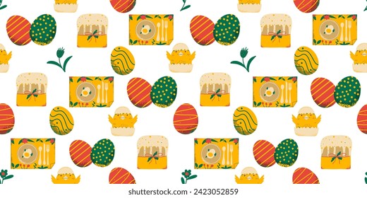 Happy Easter colored seamless pattern. Art image for printing, typography, cards, banners, flyers, websites. Vector illustration.