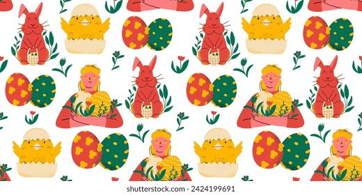 Happy Easter colored seamless pattern. Art image for printing, typography, cards, banners, flyers, websites. Vector illustration.