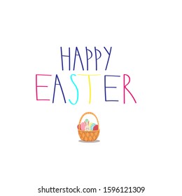 HAPPY Easter colored text wicker basket with painted eggs and bunny rabbit - . Isolated on white background. Stock vector graphics illustration