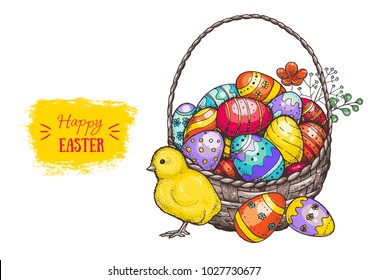 Happy Easter colored vector illustration. Basket of Easter eggs and chicken baby hand drawn. Cartoon style image. 