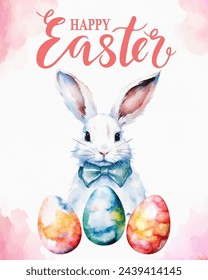 
Happy Easter! colored watercolor Easter eggs with easter rabbit  on watercolor background.  Easter  greeting cards, vector illustration, print