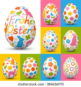 Happy Easter - Colorful 3D Vector Easter Eggs Set with Cute Holiday Pattern. White Eggs with Fresh Springtime Color. Each Egg with Colored Background is in a Separate Layer. In German Language.