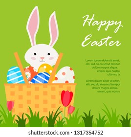 Happy Easter colorful background with bunny, eggs basket and green grass, vector illustration. For invitation, banner, flyer, poster