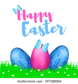 Happy Easter colorful background with green grass, flowers, blue and pink eggs, butterflies. Vector illustration. 