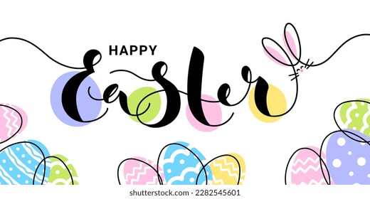 Happy Easter colorful background with hand drawn lettering, eggs, cute bunny. One line poster, greeting card. Vector illustration.