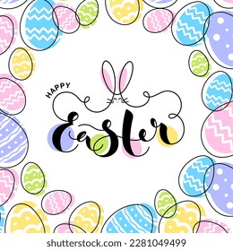 Happy Easter colorful background with lettering, bright eggs, hand drawn ornate and cute bunny. Line art paschal poster. Vector illustration.