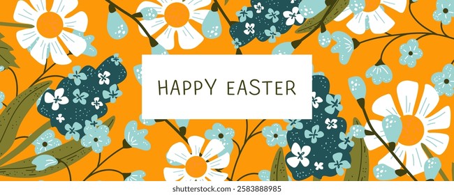 Happy Easter. Colorful  background with  spring flowers. Vector illustration