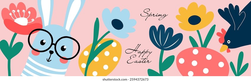 Happy easter. Colorful banner with cute Easter decor elements on a pink background. Flat vector cartoon illustration with typography for postcards, banners, posters, packaging, social networks.