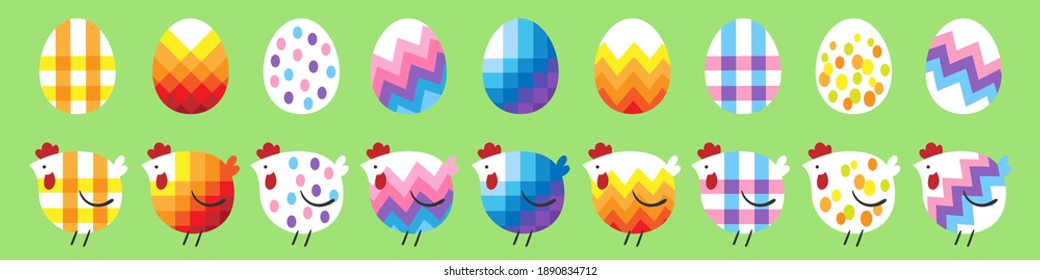 Happy Easter. Colorful  banner with decorative chickens and eggs  with the same ornament. Isolated on a green background. Vector flat illustration.