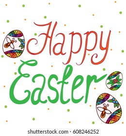 Happy Easter colorful banner with eggs and color dots. Template for Easter voucher, brochure, card and other design. Vector illustration.