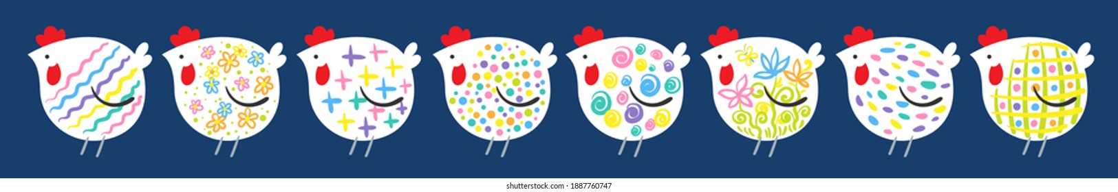 Frohe Ostern! Farbiges Banner mit acht Zierhühnern. Einzeln auf dunkelblauem Hintergrund. Im Cartoon-Stil. Vektorflache Illustration.
