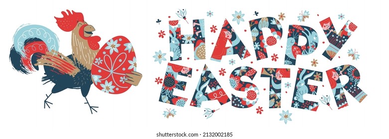 happy Easter. Colorful Easter banner with spring flowers and a cheerful rooster with an Easter egg.