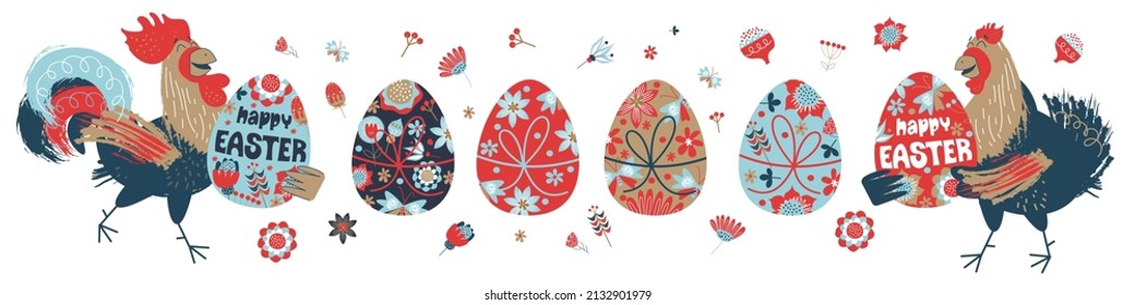 Pascua feliz. Banner de Semana Santa colorida con flores de primavera y un alegre gallo y un pollo con huevos de Pascua.