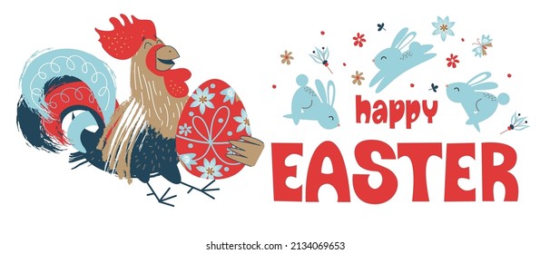 happy Easter. Colorful Easter banner with spring flowers and a cheerful rooster with an Easter egg.