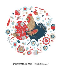 happy Easter. Colorful Easter banner with spring flowers and a cheerful chicken with an Easter egg.