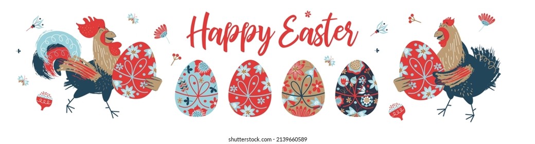 happy Easter. Colorful Easter banner with spring flowers and a cheerful rooster and a chicken with Easter eggs.