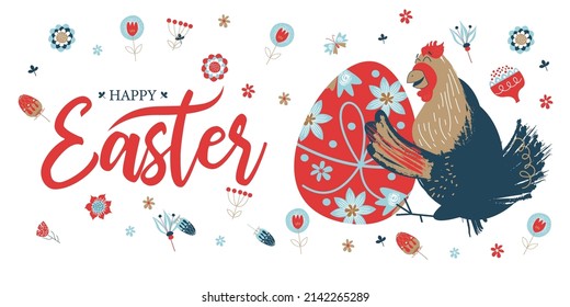 Pascua feliz. Pancarta colorida de Pascua con flores de primavera y una alegre gallina con un huevo de Pascua.