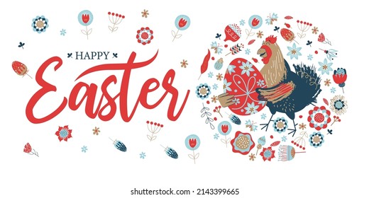 Pascua feliz. Pancarta colorida de Pascua con flores de primavera y una alegre gallina con un huevo de Pascua.