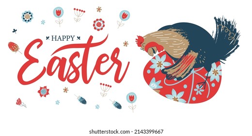 Pascua feliz. Pancarta colorida de Pascua con flores de primavera y una alegre gallina con un huevo de Pascua.