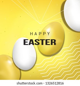 Happy Easter colorful  banner. White and gold eggs on the yellow background. Vector illustration.