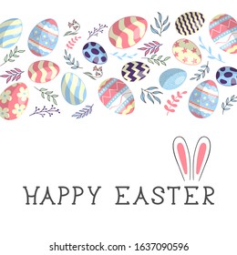 Happy Easter colorful border with bunny ears, eggs, branches and lettering. Cute watercolor floral holiday greeting card, invitation template.