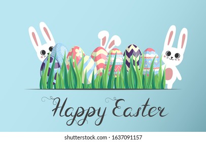 Happy Easter colorful border with eggs composition, bunny, grass, ears and lettering. Cute watercolor floral holiday greeting card, invitation template.