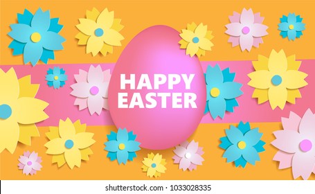 Happy Easter colorful card in a bright stylized floral background in a paper cut style