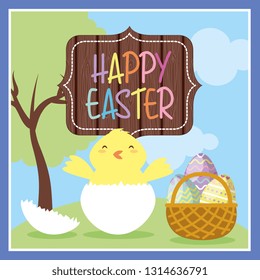 Happy easter colorful card chicken and basket with eggs on landscape vector digital illustration image