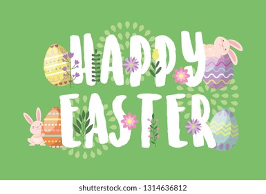 Happy easter colorful card eggs and rabbits vector digital illustration image