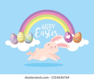 Happy easter colorful card rabbit and eggs under rainbow cartoon vector digital illustration image