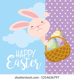 Happy easter colorful card rabbit smiling with eggs in basket vector digital illustration image