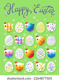Happy Easter!  Colorful decorative chickens and eggs with inscription. Isolated on green background. Greeting card in cartoon style. Vector flat illustration.