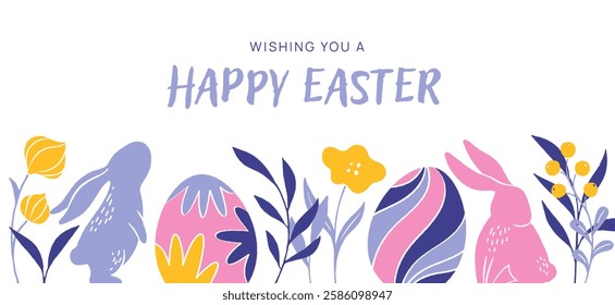 Happy Easter greeting design with colorful decorative eggs, floral elements and Easter bunny. Modern flat art style. Trendy concept for website banner, postcard, and invitation.