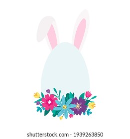 Happy Easter colorful design template with hand drawn bunny ears, flowers and lettering. Cartoon style spring holiday vector illustration. Easter day banner template with flowers, eggs and rabbit ears