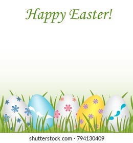 Happy Easter Colorful, different patterned eggs in the green grass. Empty space for text. Isolated.Template vector greeting card with realistic eggs. Spring holiday illustration