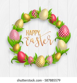 Happy Easter with colorful, dotted, striped gold eggs frame and spring grass. Egg hunt for children template layout. Vector illustration. Easter wreath on wood background. Sale, offer.
