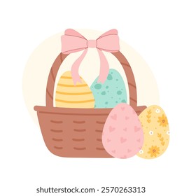 Happy Easter colorful egg in basket with tied bow