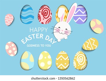 Happy Easter. Colorful Easter eggs and 3d abstract multicolor paper cut shapes. Design for holiday flyer, poster, greeting card, party invitation. Vector illustration.