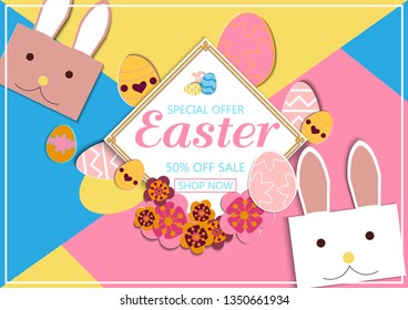 Happy Easter. Colorful Easter eggs and 3d abstract multicolor paper cut shapes. Design for holiday flyer, poster, greeting card, party invitation. Vector illustration.