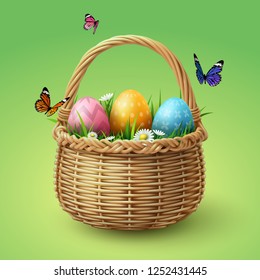 Happy Easter, colorful eggs in basket with butterfly and grass, vector art and illustration.