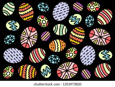 Happy Easter colorful eggs composition hand drawn on black background. Decorative doodle illustration pattern