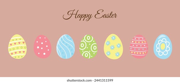 Frohe Ostern mit bunten Ostereiern. Herzlichen Glückwunsch zu einer Postkarte, einem Banner oder einer Werbung