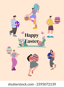 Happy Easter Colorful Eggs and cute character set. Perfect for Cards, Banners, landing page, Social Media and More.