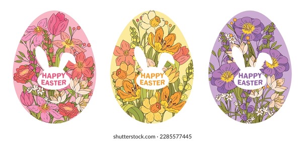 Feliz Pascua huevos de colores decorados con flores de primavera