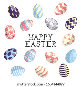 Happy Easter colorful eggs with different pattern. Vector isolated watercolor spring holiday icons with lettering. 