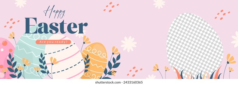 Happy Easter, Colorful eggs with flowers for banner, poster on transparent background, flat vector illustrations