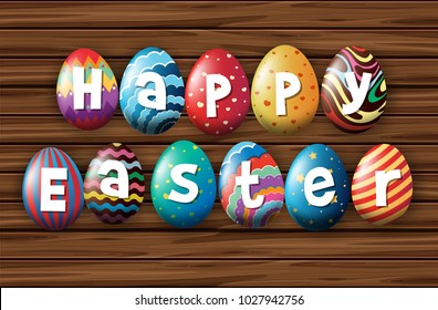 Happy easter with colorful eggs on wooden board illustration