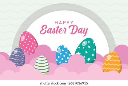Huevos coloridos de Pascua felices con el fondo cortado de papel. Ilustración vectorial.